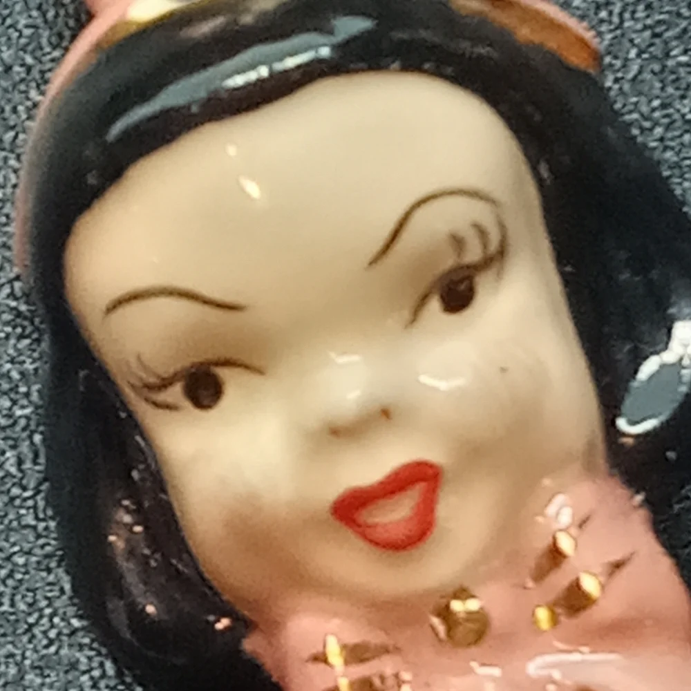 * vintage MCM ceramic pink & gold Elf Pixie Girl pin brooch